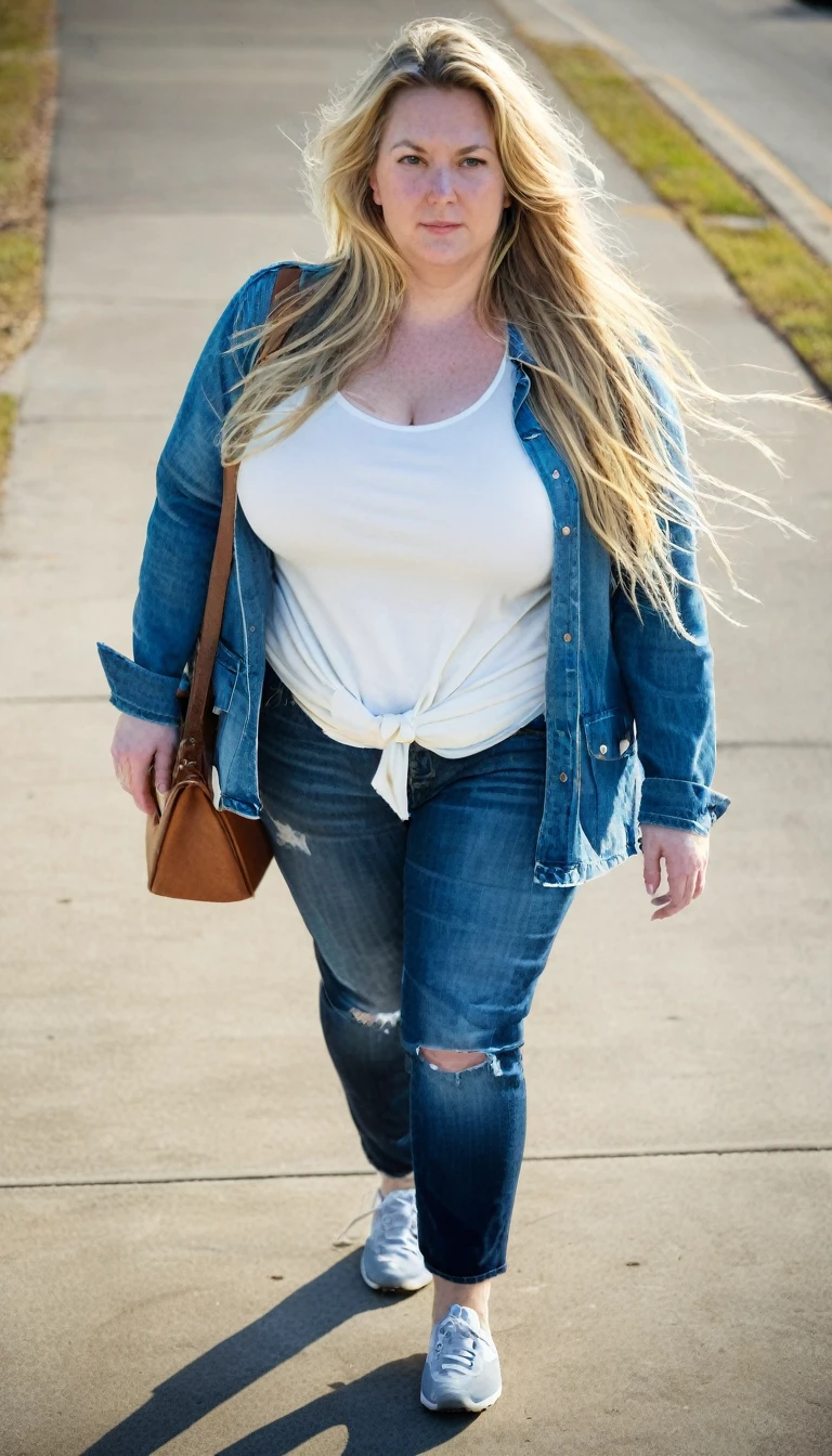 Fat woman, 40 years old white Caucasian woman walking outside, day time, Mississippi, Gulfport, cold winter day, long straight blonde messy hair, casually and daily dressed, big hips, thick thighs, casual winter clothed, natural big breasts, Full Body Shot, From Above View, High Angle View, selfie, serious, close up selfie point of view, acne face