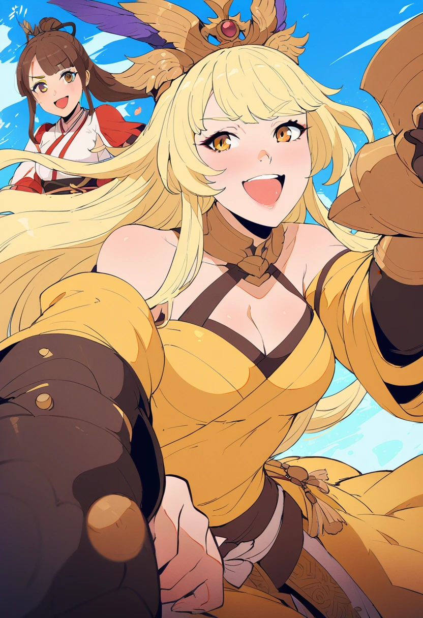 girl, Flowing blond hair, Yellow eyes, Golden Imperial Clothes, Neckline, Japanese cartoons, Clear sky in the background