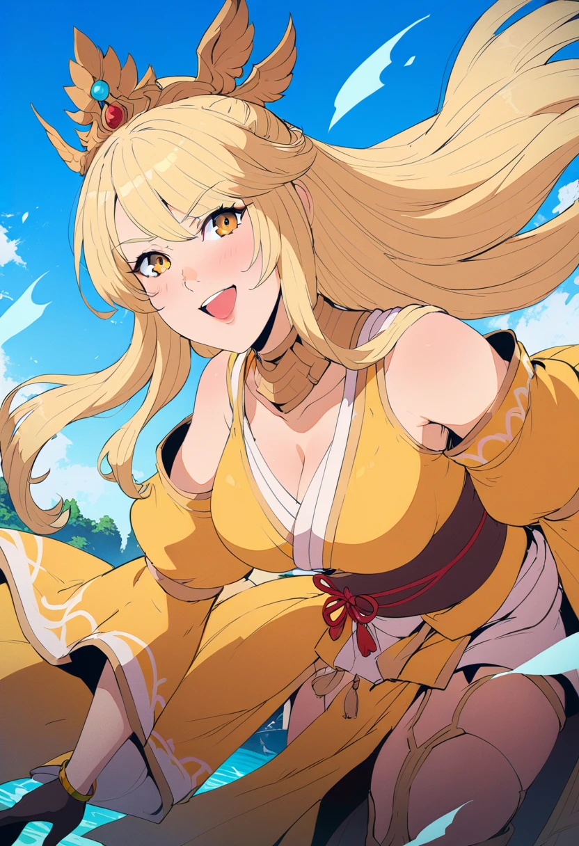 girl, Flowing blond hair, Yellow eyes, Golden Imperial Clothes, Neckline, Japanese cartoons, Clear sky in the background