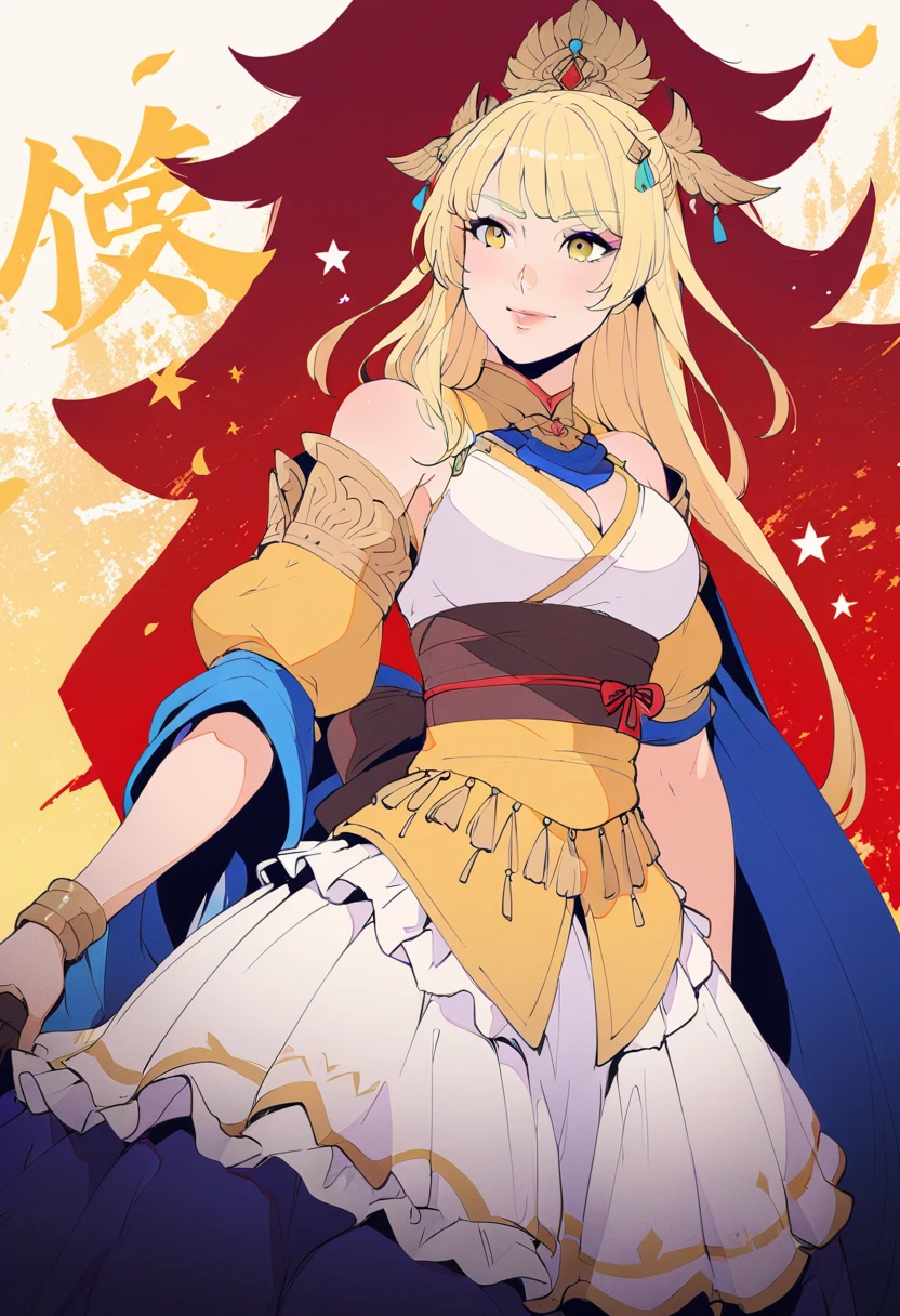 girl, Flowing blond hair, Yellow eyes, Golden Imperial Clothes, Neckline, Japanese cartoons, Clear sky in the background