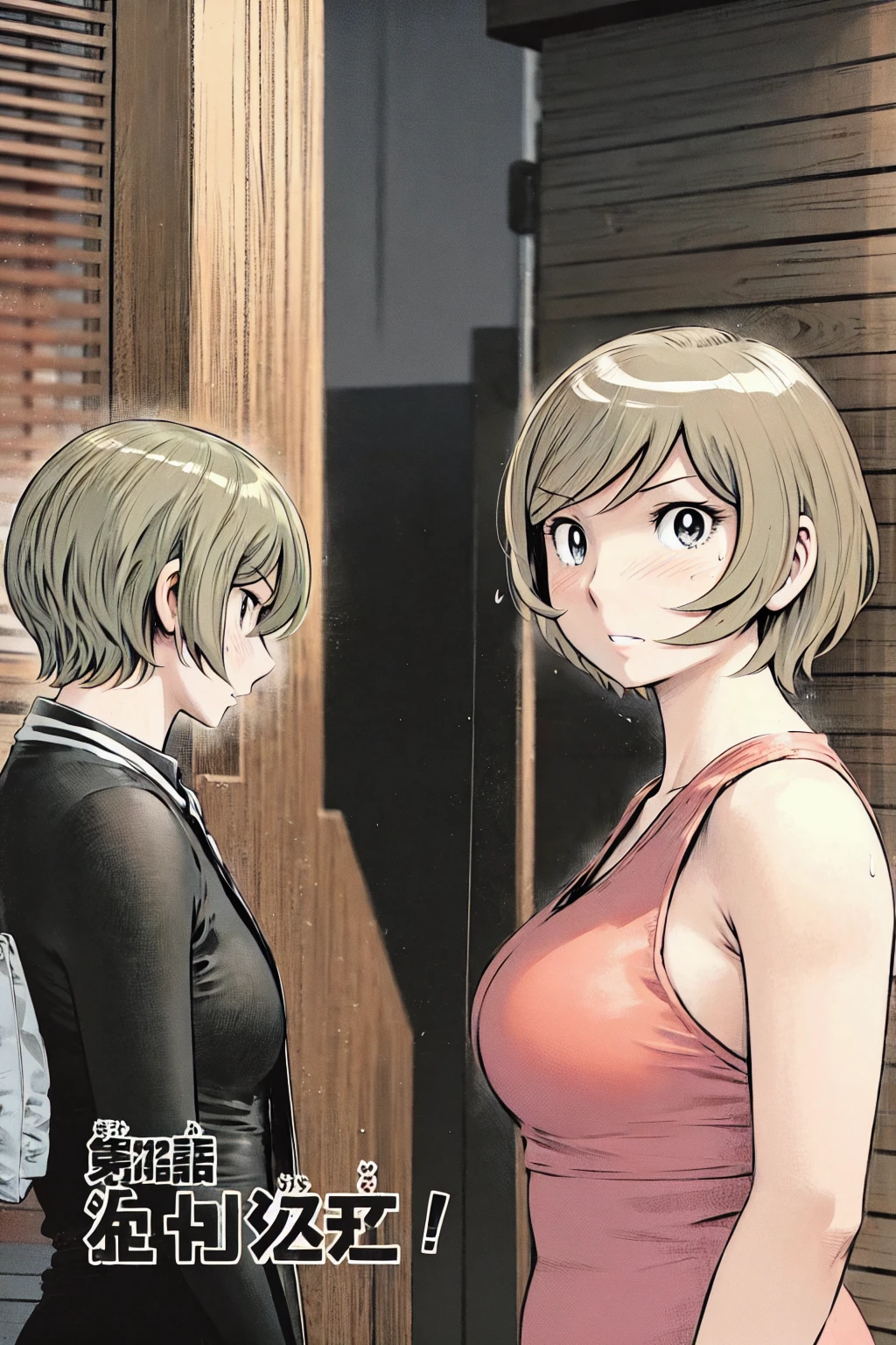 、(masterpiece、Highest quality)、Highest quality, Ultra-high resolution, (((masterpiece))), alone, Sweat、Big eyes, Sleeveless、Outdoor、Floral Dress、Composition from the front、(後ろCut your hair short、short hair、blonde、woman)、Shortcuts、Embarrassed face、Cut your hair short、可愛いwomanの子、Big Breasts、Browsing Caution