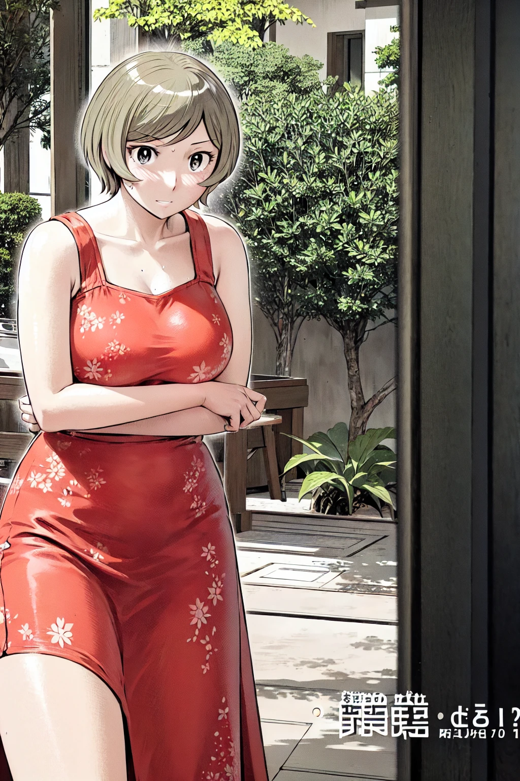 、(masterpiece、Highest quality)、Highest quality, Ultra-high resolution, (((masterpiece))), alone, Sweat、Big eyes, Sleeveless、Outdoor、Floral Dress、Composition from the front、(後ろCut your hair short、short hair、blonde、woman)、Shortcuts、Embarrassed face、Cut your hair short、可愛いwomanの子、Big Breasts、Browsing Caution