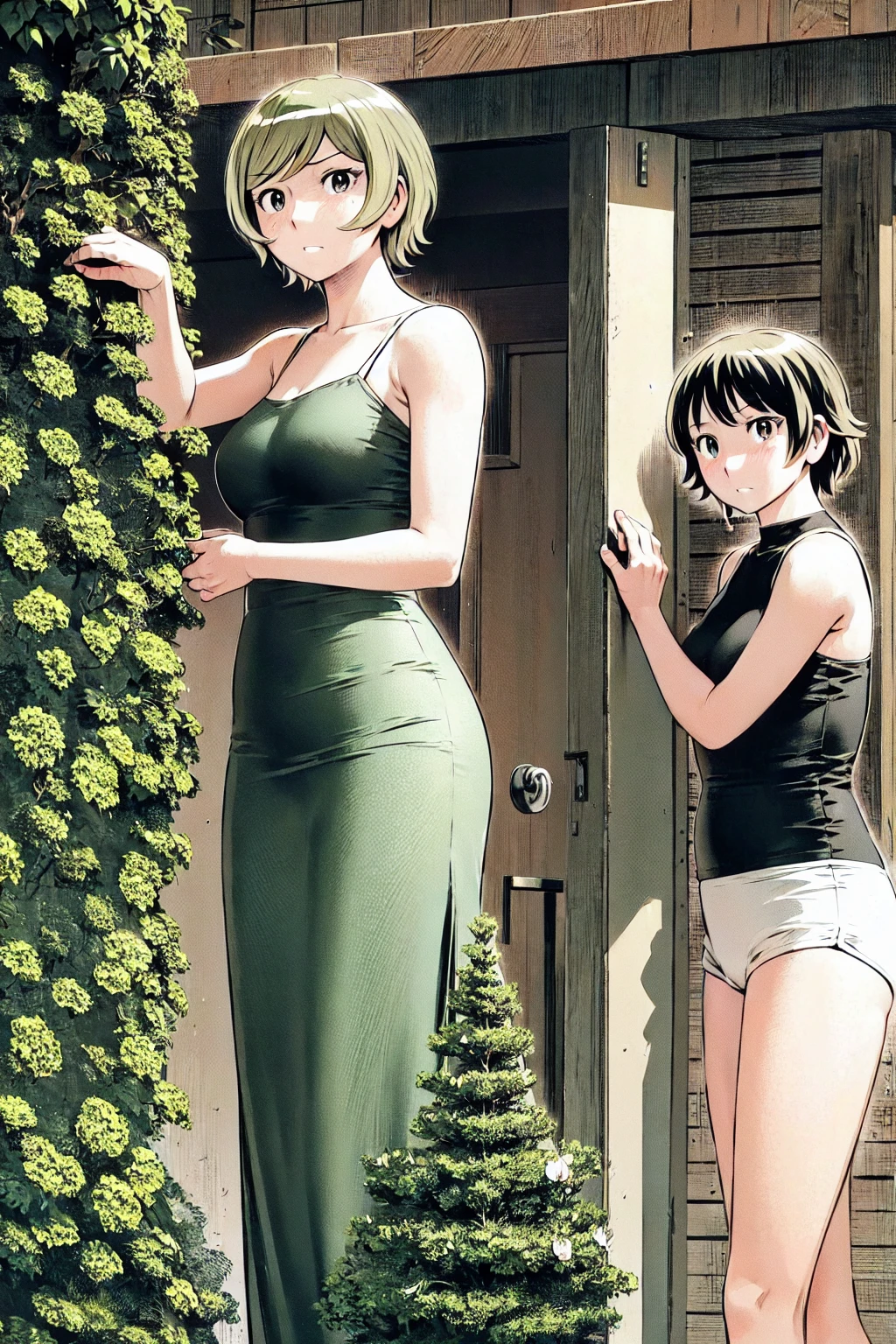 、(masterpiece、Highest quality)、Highest quality, Ultra-high resolution, (((masterpiece))), alone, Sweat、Big eyes, Sleeveless、Outdoor、Floral Dress、Composition from the front、(後ろCut your hair short、short hair、blonde、woman)、Shortcuts、Embarrassed face、Cut your hair short、可愛いwomanの子、Big Breasts、Browsing Caution