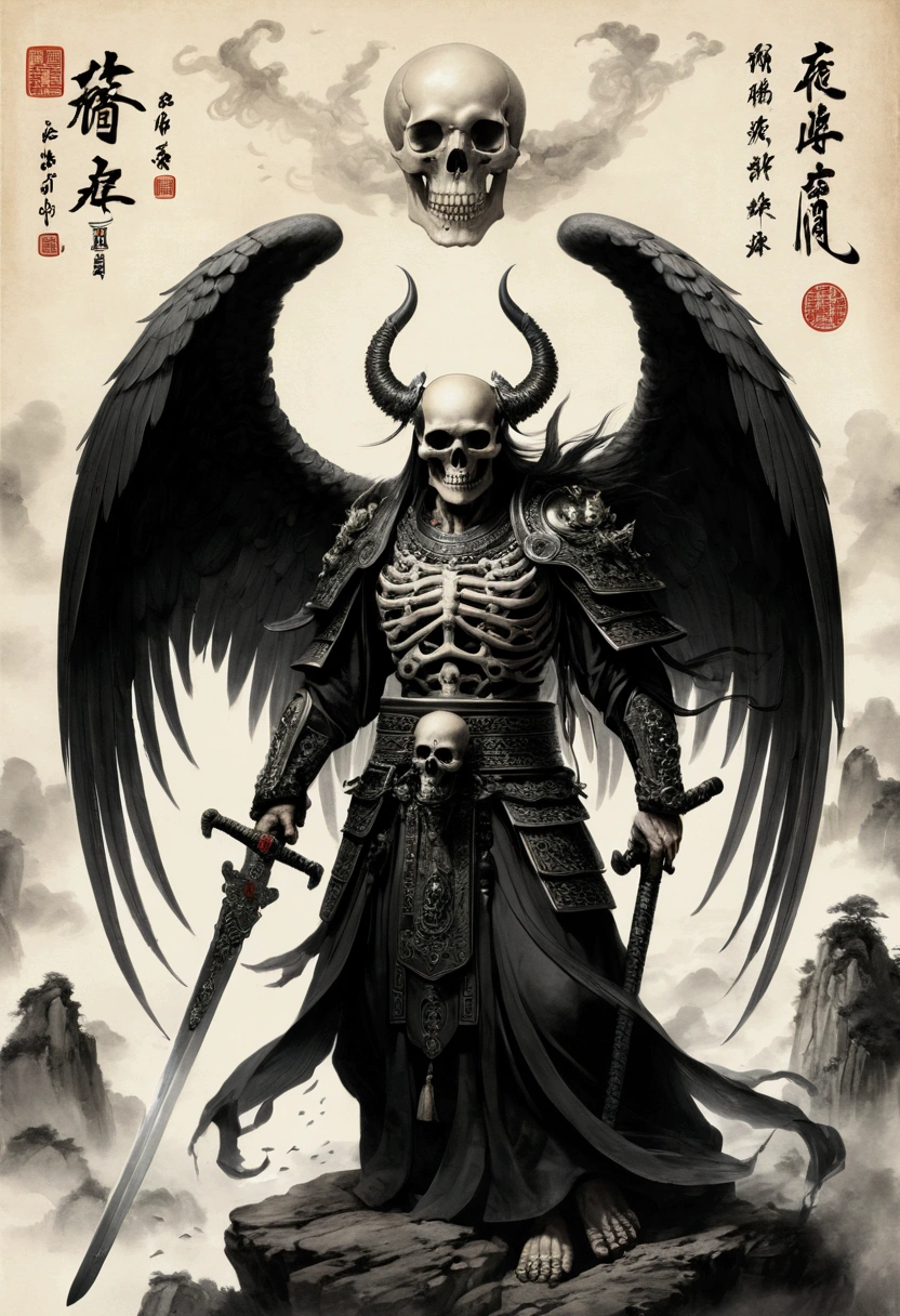 (masterpiece, best quality: 1.2), traditional Chinese ink painting , god of death , skull face , angel wings , sword in right hand , regal , facing east