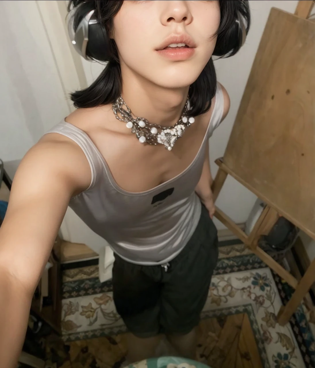 black hair boy, full lips, straight nose and masculine face. straight body, no breasts