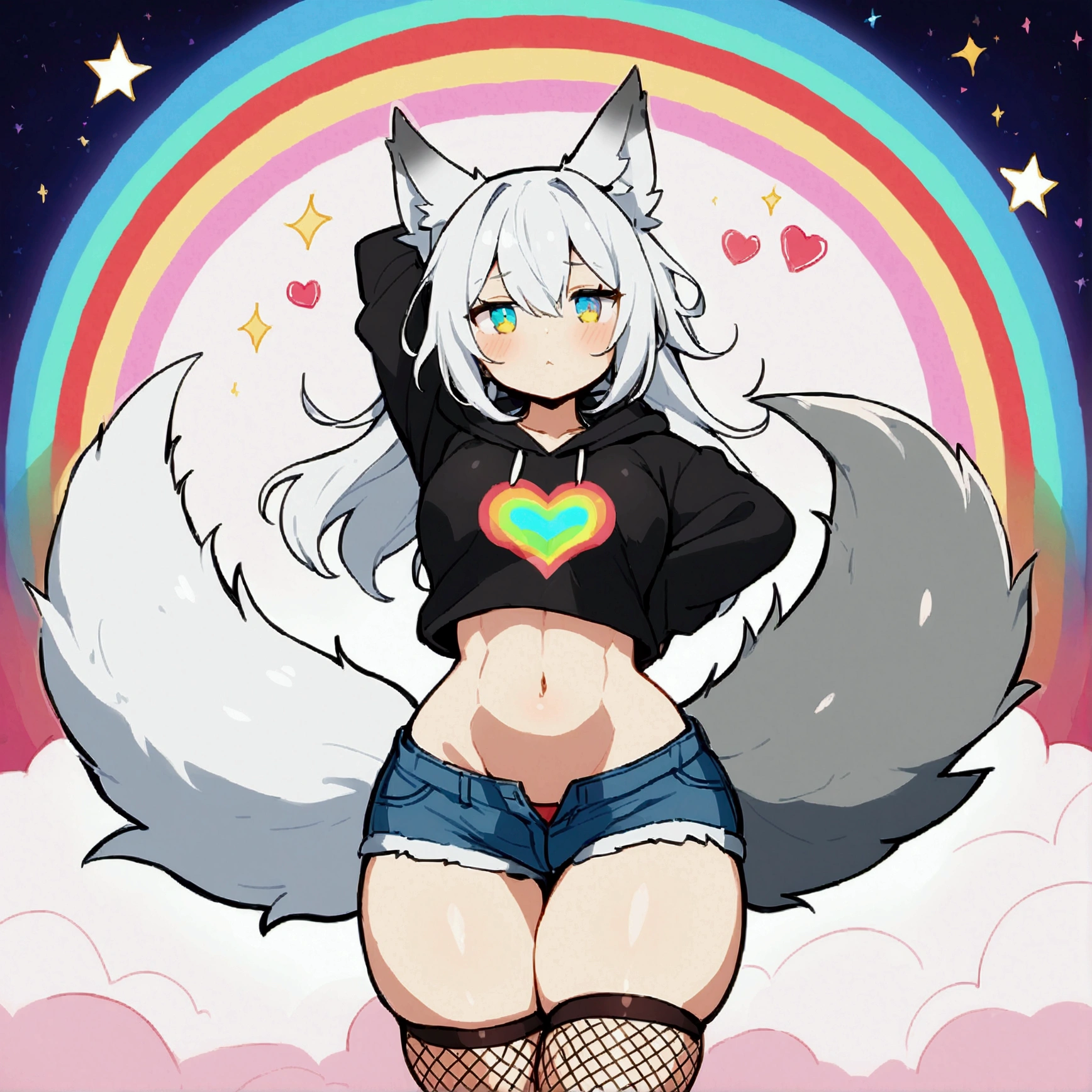 a cute adult male with wolf ears, long white hair, long locks, has a wolf tail, wearing a loose cropped black hoodie, wearing a pair of denim short shorts and fishnet stockings, thick thighs, wide hips, relaxing on mound of fluffy multi colored plushies, short, very slim, showing slender tummy, heart on hoodie, squishy thighs, has glowing blue eyes. alone, solo (ALONE)(SOLO), surrounded by rainbows, colorful galaxy backround, stretching, giggling