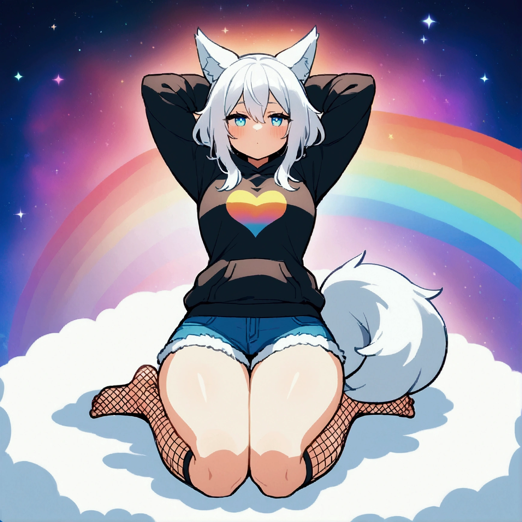 a cute adult male with wolf ears, long white hair, long locks, has a wolf tail, wearing a loose cropped black hoodie, wearing a pair of denim short shorts and fishnet stockings, thick thighs, wide hips, relaxing on mound of fluffy multi colored plushies, short, very slim, showing slender tummy, heart on hoodie, squishy thighs, has glowing blue eyes. alone, solo (ALONE)(SOLO), surrounded by rainbows, colorful galaxy backround, stretching, giggling