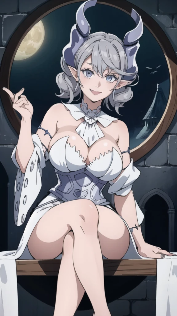 Beautiful arts wallpaper moonlight Outside castle top High level image quality best image quality 8K adult woman volcano mountain more colors whole body view portrait wearing pure white Goddess dress horn ears short hair((shortcut)(gray hair)(perm)(fluffy)) eye color is blue , pure evil face , face detailed , face fixed , smile , labrynth , barefoot , teasing with her breast, , sitting with crossed legs