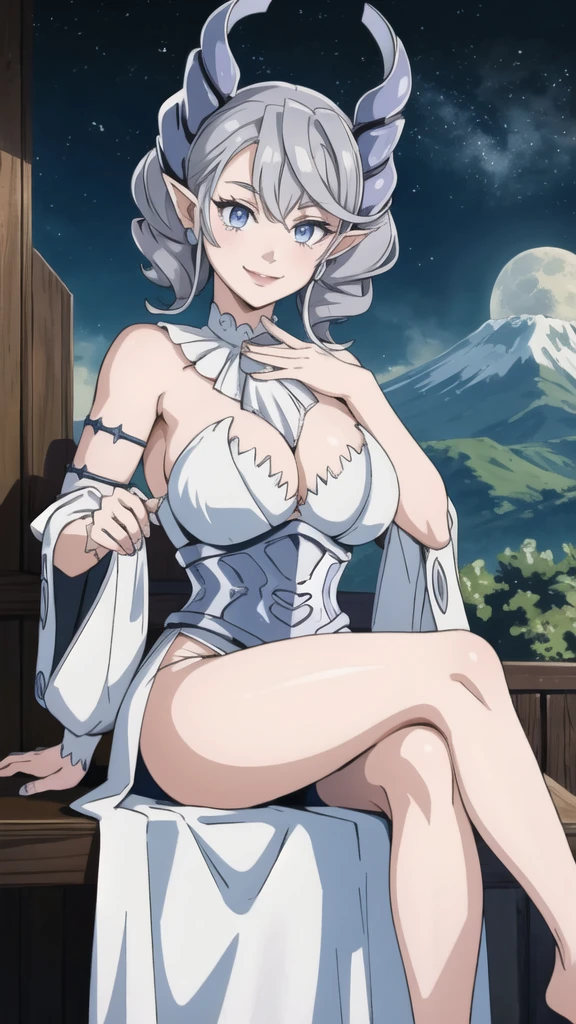 Beautiful arts wallpaper moonlight Outside castle top  High level image quality　best image quality　8K　 adult woman   volcano mountain more colors   whole body view　portrait　 wearing pure white Goddess dress  　horn    ears  　short hair（（shortcut）（gray hair）（perm）（fluffy））　eye color is blue ,   pure evil face , face detailed , face fixed , smile      ,  labrynth       , barefoot , teasing with her breast,   , sitting with crossed legs  