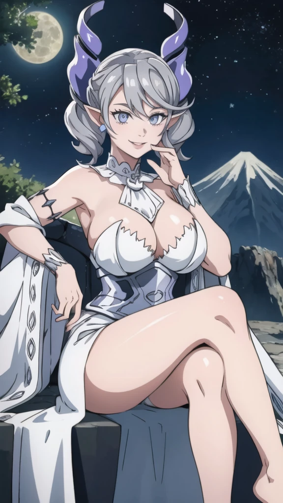 Beautiful arts wallpaper moonlight Outside castle top  High level image quality　best image quality　8K　 adult woman   volcano mountain more colors   whole body view　portrait　 wearing pure white Goddess dress  　horn    ears  　short hair（（shortcut）（gray hair）（perm）（fluffy））　eye color is blue ,   pure evil face , face detailed , face fixed , smile      ,  labrynth       , barefoot , teasing with her breast,   , sitting with crossed legs  