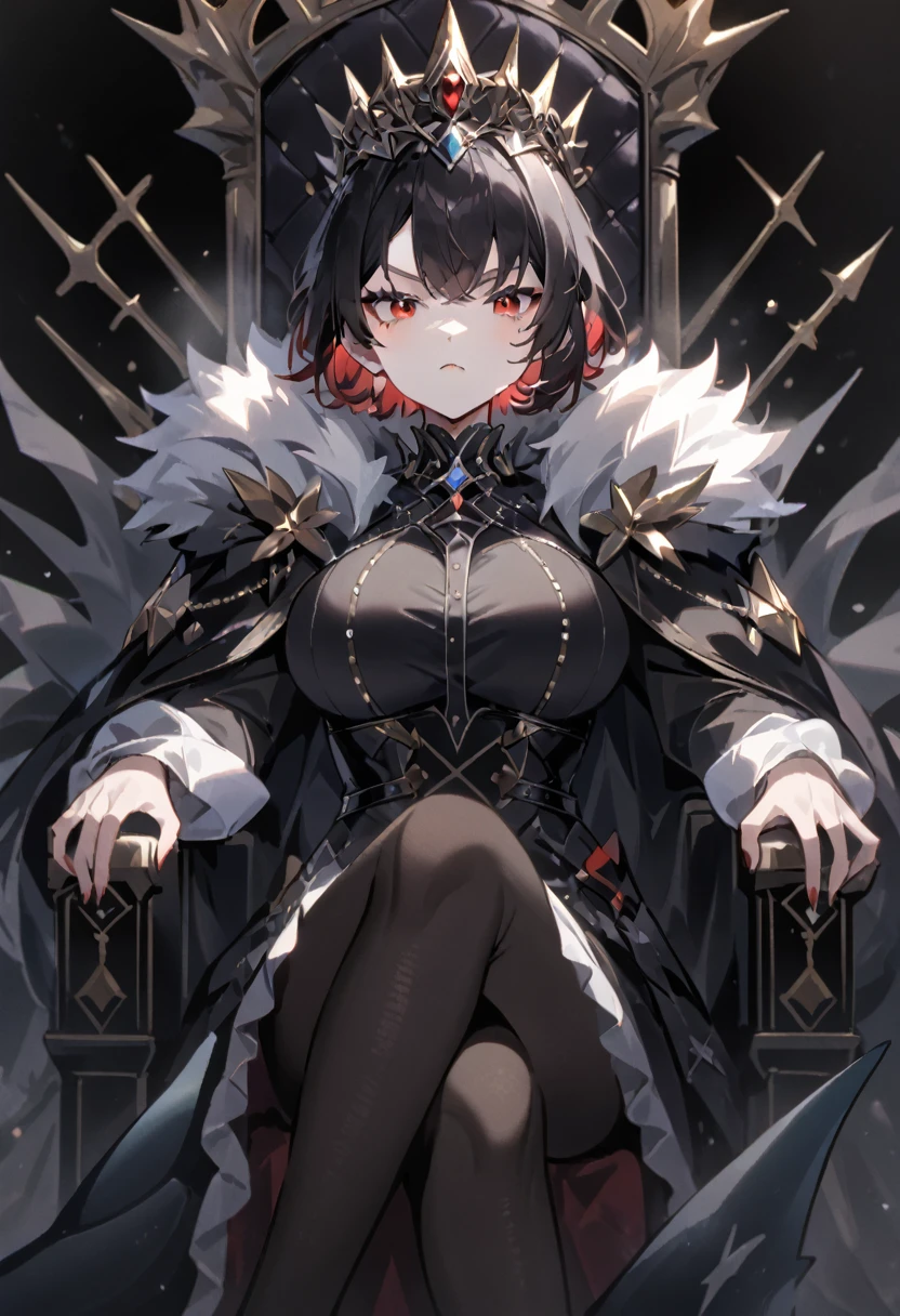 Queen，short hair，Red eyes，Big breasts，Black pantyhose，Jeweled dress，High and cold，Hands at your sides，throne，Black shark tail，Cross your legs