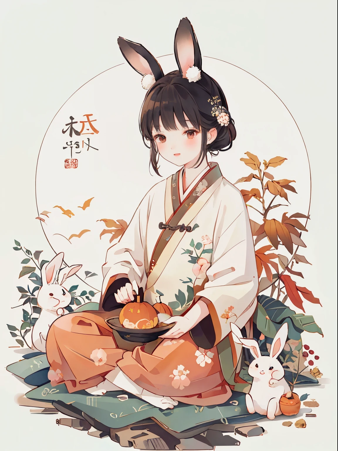 （A rabbit：1.4）, sit on the floor, look up, Mid-Autumn Festival atmosphere, Traditional Chinese illustration style, The art of math, Simple background, Masterpiece on white background, best quality, Extremely detailed, high quality, 4K