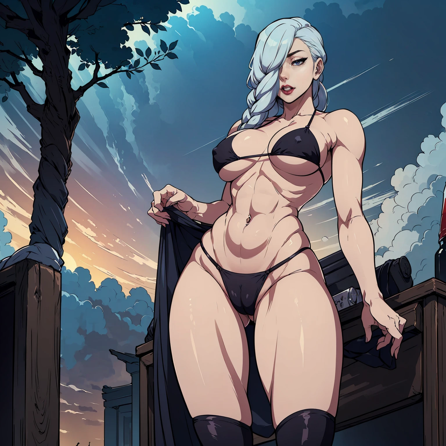 (((solo,1woman, mature, alone))), MeiMei, ((white hair, long hair, braid, hair over one eye, braided ponytail, glowing black eyes, wide eyes, lipstick, makeup, narrow waist, skinny, medium breasts)), pelvic curtain, ((black bikini, pale skin)), full body, perfect body, (insanely detailed, beautiful detailed face, masterpiece, best quality), (extremely detailed 8k paper CG wall unit: 1.1), (saigyou_ayakashi, bare_tree, cloudy sky, cloud, fog, dusk), cameltoe view, cameltoe, View from above, Diagonal view
