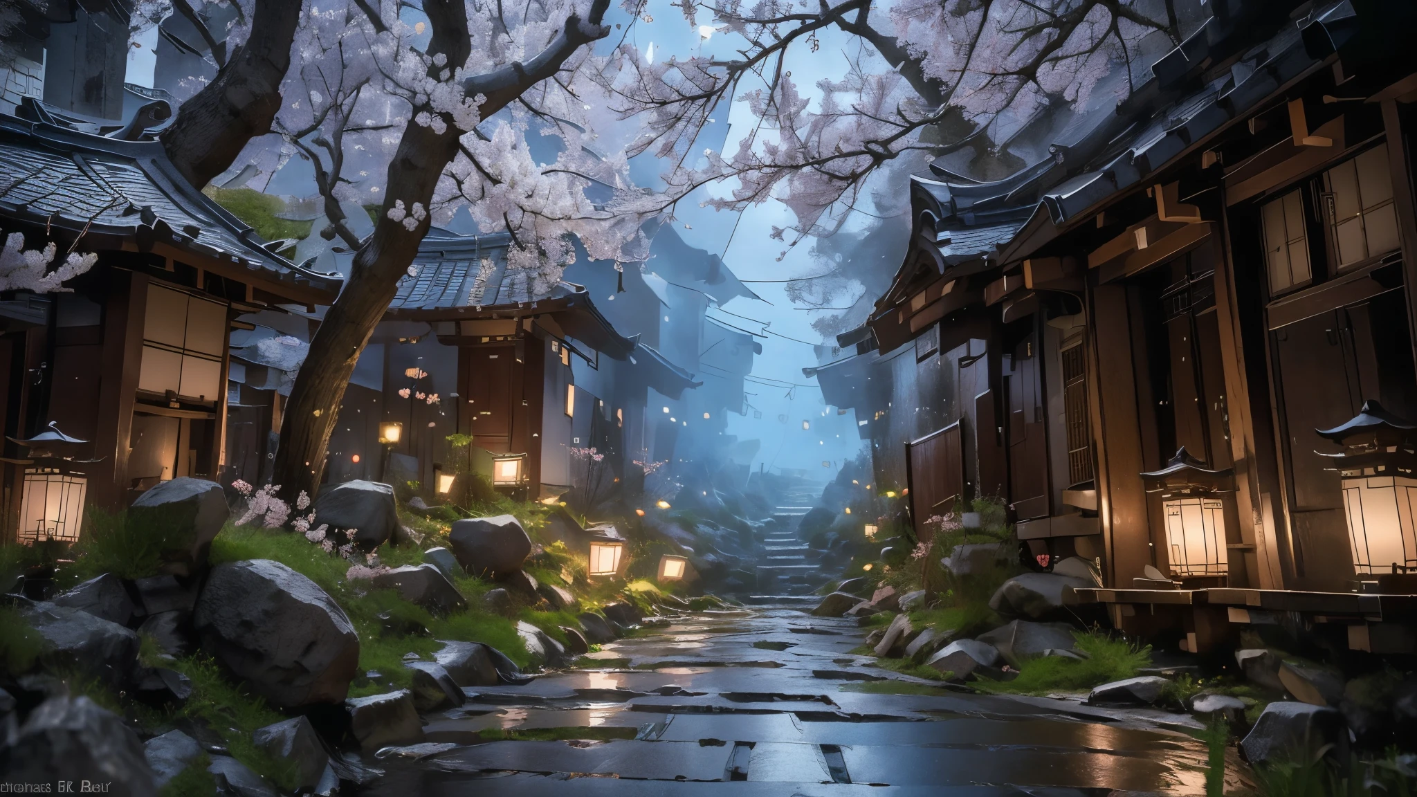 Quiet streets of Kyoto, traditional Japanese tile-roofed one-story house, winding stone path, cherry blossom trees in bloom, (Best Quality,8k,High Resolution,Masterpiece:1.2),Super Detail, (Realistic,Photorealistic,Photorealistic:1.37),Detailed landscape, natural light, vivid colors, calm atmosphere, complex details) colors, calm atmosphere, intricate details)