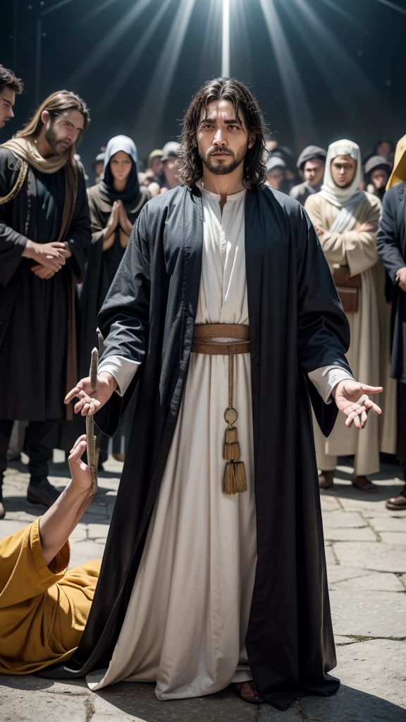center image:
Paulo in two moments:stalker: Severe expression, Dark clothes, frown, holding stones/swords (simbolizando persecution).
apostle: serene face, white robes/clear, hands in prayer position, divine light around (symbolizing faith). Close up em Paulo:
tears in the eyes (optional), representando arrependimento e conversion. stylised illustration: conveying timelessness of the story. Additional Elements: lightrays (Divine Revelation). scenes: Paul stoning Stephen (persecution).
Paul falling from his horse on the road to Damascus (conversion).
Paul preaching to crowds (apostleship). Color Combinations:
swirly vibrant colors: yellow, orange and blue to capture attention and convey Paul's epic journey. objective:
Attractive and impactful thumbnail that captures the public's attention and awakens curiosity about Paul's story.