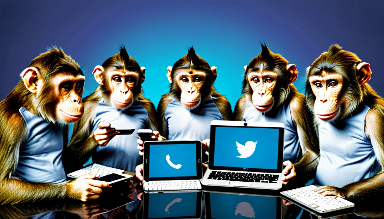 Create an illustration depicting a group of monkeys using social media to cyberbully. The monkeys are wearing normal clothing. Draw a group of monkeys with smartphones, tablets, and smart phones typing furiously and posting negative comments. Some monkeys should look angry or malicious, while others should be laughing or having fun. The background should be a chaotic mix of digital screens displaying harmful messages and symbols of social media platforms. The overall atmosphere should convey the destructive and overwhelming nature of online harassment.