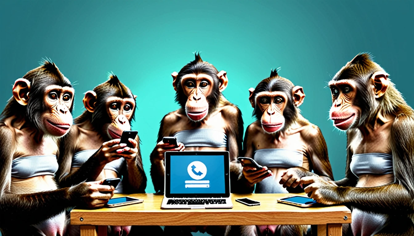 Create an illustration depicting a group of monkeys using social media to cyberbully. The monkeys are wearing normal clothing. Draw a group of monkeys with smartphones, tablets, and smart phones typing furiously and posting negative comments. Some monkeys should look angry or malicious, while others should be laughing or having fun. The background should be a chaotic mix of digital screens displaying harmful messages and symbols of social media platforms. The overall atmosphere should convey the destructive and overwhelming nature of online harassment.