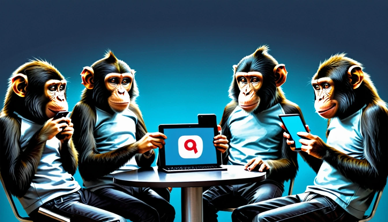 Create an illustration depicting a group of monkeys using social media to cyberbully. The monkeys are wearing normal clothing. Draw a group of monkeys with smartphones, tablets, and smart phones typing furiously and posting negative comments. Some monkeys should look angry or malicious, while others should be laughing or having fun. The background should be a chaotic mix of digital screens displaying harmful messages and symbols of social media platforms. The overall atmosphere should convey the destructive and overwhelming nature of online harassment.