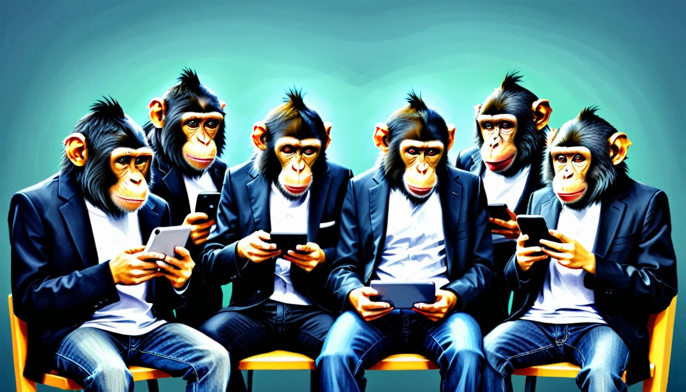 Create an illustration depicting a group of monkeys using social media to cyberbully. The monkeys are wearing normal clothing. Draw a group of monkeys with smartphones, tablets, and smart phones typing furiously and posting negative comments. Some monkeys should look angry or malicious, while others should be laughing or having fun. The background should be a chaotic mix of digital screens displaying harmful messages and symbols of social media platforms. The overall atmosphere should convey the destructive and overwhelming nature of online harassment.