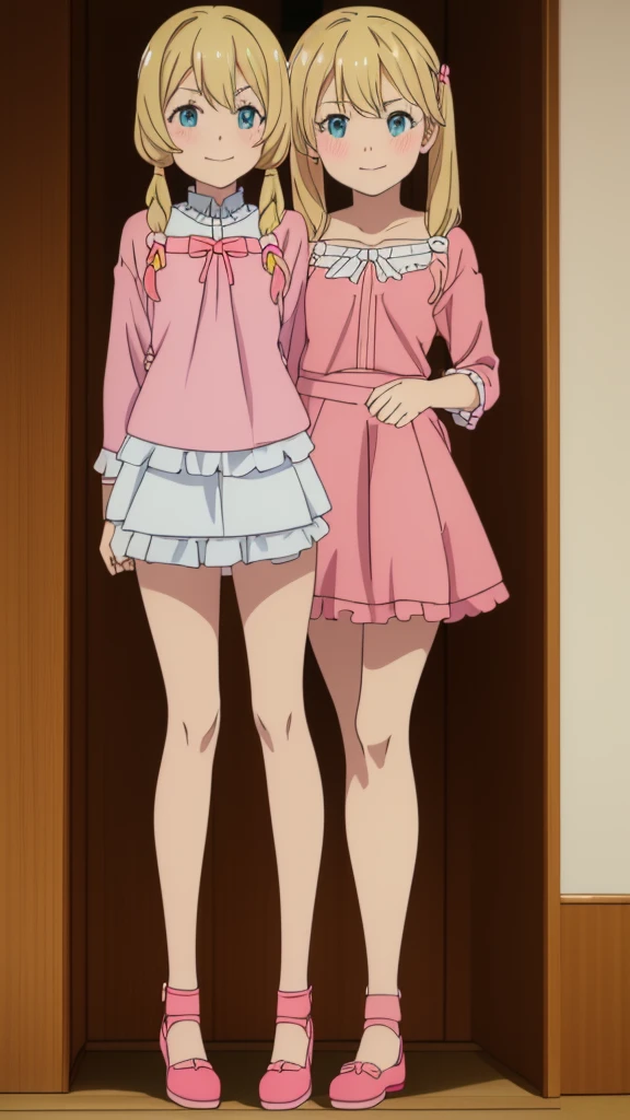 ((masterpiece))((Highest quality))girl、Smirk、blush、Flat Chest、Are thin、Blonde Hair、blush、Are standing、Whole body image、Eye level to the feet、front、No background、真frontのアングル、Blue clothes、Hair is two colors、Twin tails、Red Alice outfit