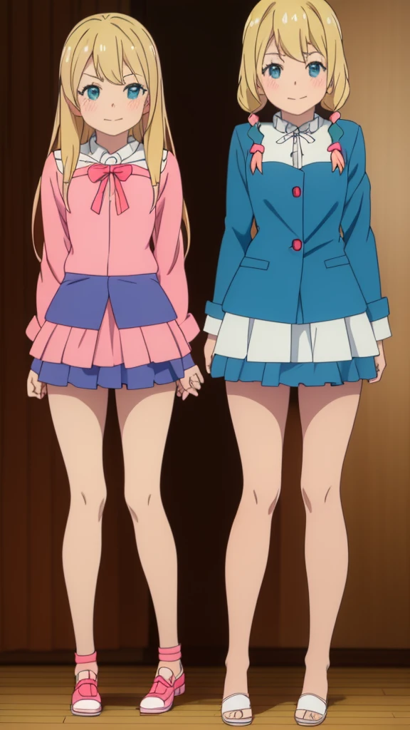 ((masterpiece))((Highest quality))girl、Smirk、blush、Flat Chest、Are thin、Blonde Hair、blush、Are standing、Whole body image、Eye level to the feet、front、No background、真frontのアングル、Blue clothes、Hair is two colors、Twin tails、Red Alice outfit