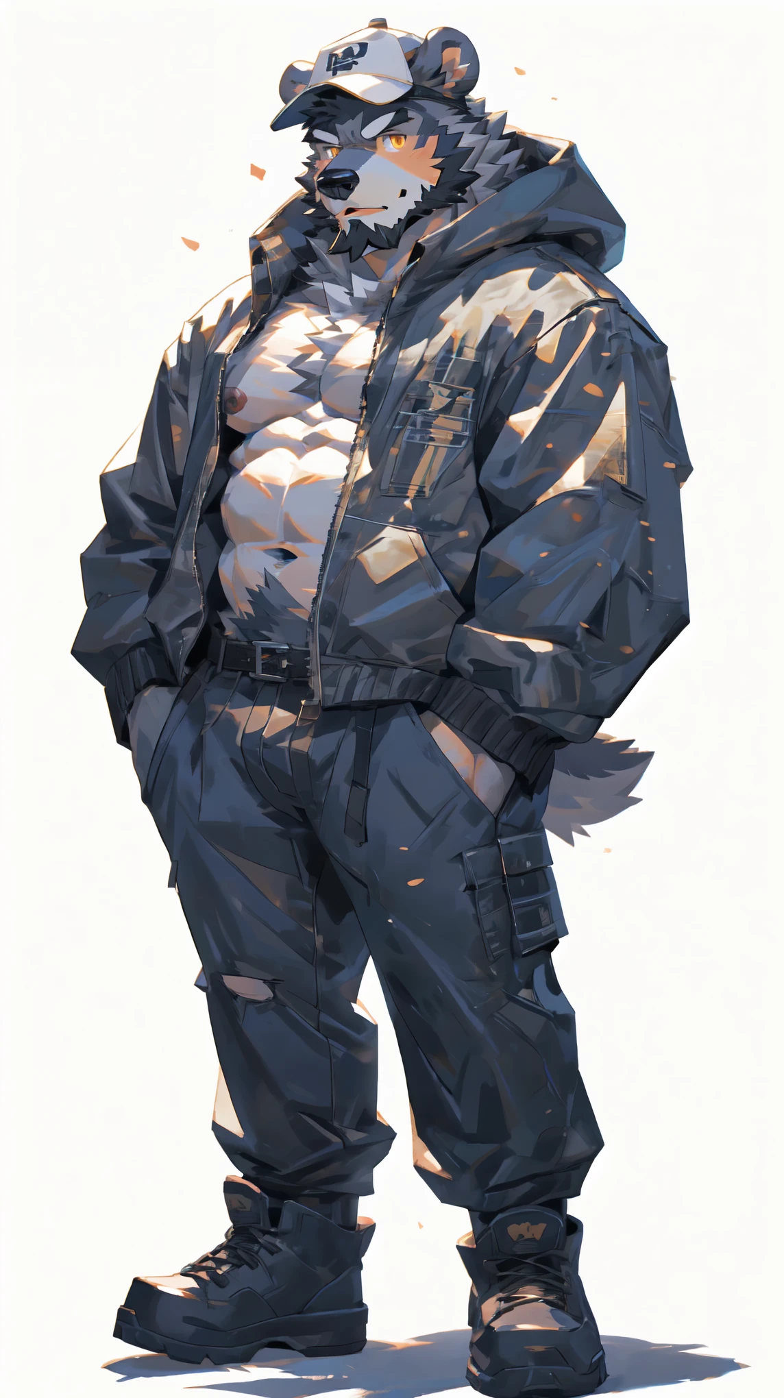 (masterpiece:1.2), best quality,pixiv,official art,perfect anatomy, (Ray tracing, light),solo, (1_male:1.3) , (muscle), (grey fur:1.4), (muscle bear), (beard:1.2), (gleaming golden eyes), bear tail, full body, Thick black eyebrows, baseball cap, (open short hoodie), (naked inside),Ripped short jeans, black short boots, (pure white background: 1.3)