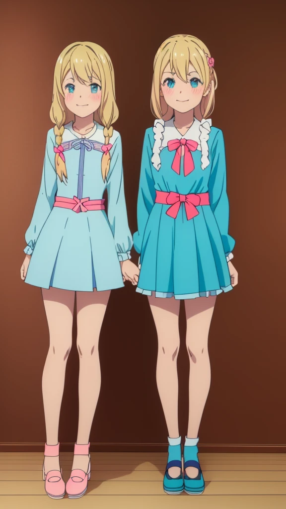 ((masterpiece))((Highest quality))girl、Smirk、blush、Flat Chest、Are thin、Blonde Hair、blush、Are standing、Whole body image、Eye level to the feet、front、No background、真frontのアングル、Blue clothes、Hair is two colors、Twin tails、Red Alice outfit