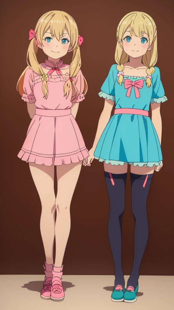 ((masterpiece))((Highest quality))girl、Smirk、blush、Flat Chest、Are thin、Blonde Hair、blush、Are standing、Whole body image、Eye level to the feet、front、No background、真frontのアングル、Blue clothes、Hair is two colors、Twin tails、Red Alice outfit