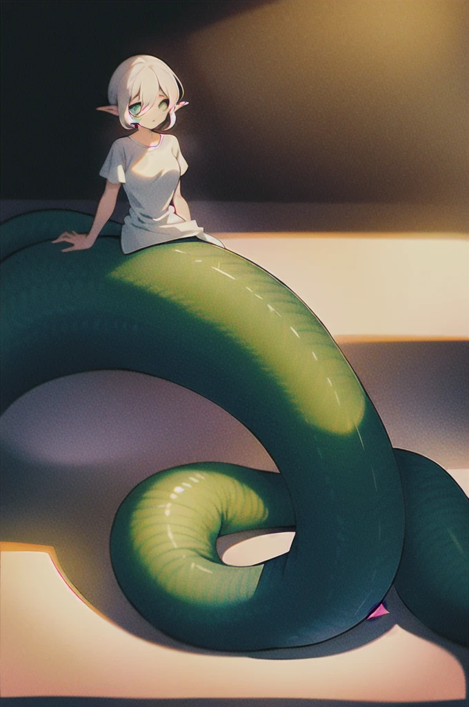 1girl, lamia, scales, white shirt, full body, Original Character, Volumetric Lighting, Best Shadows, Shallow Depth of Field, Stunningly Beautiful Girl, , Delicate Beautiful Attractive Face
