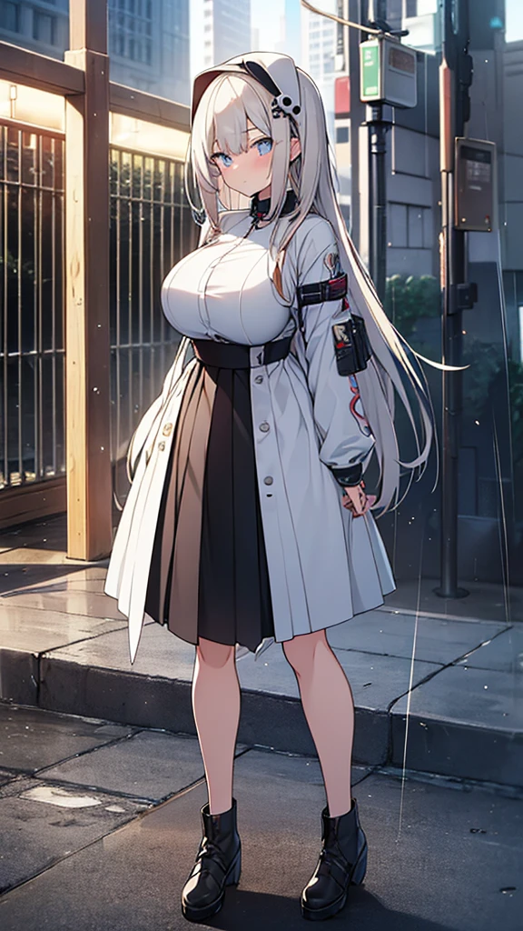 Full body image, フロント, One girl, 18-year-old, Mix 4, (32k, RAW Photos, Highest quality, masterpiece:1.2), (Anime-like, photoAnime-like:1.37), cute, ミニスカートのドレス, night, rain, Humidity, Professional Lighting, Photon Mapping, Radio City, Physically Based Rendering, Super Resolution, (Big Breasts:1.2), {{The biological weapon that had preyed on the younger sister took her place and reunited with the older brother.}}, Girl Skull, whole body, NSFW