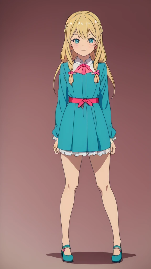 ((masterpiece))((Highest quality))girl、Smirk、blush、Flat Chest、Are thin、Blonde Hair、blush、Are standing、Whole body image、Eye level to the feet、front、No background、真frontのアングル、Blue clothes、Hair is two colors、Twin tails、Red Alice outfit