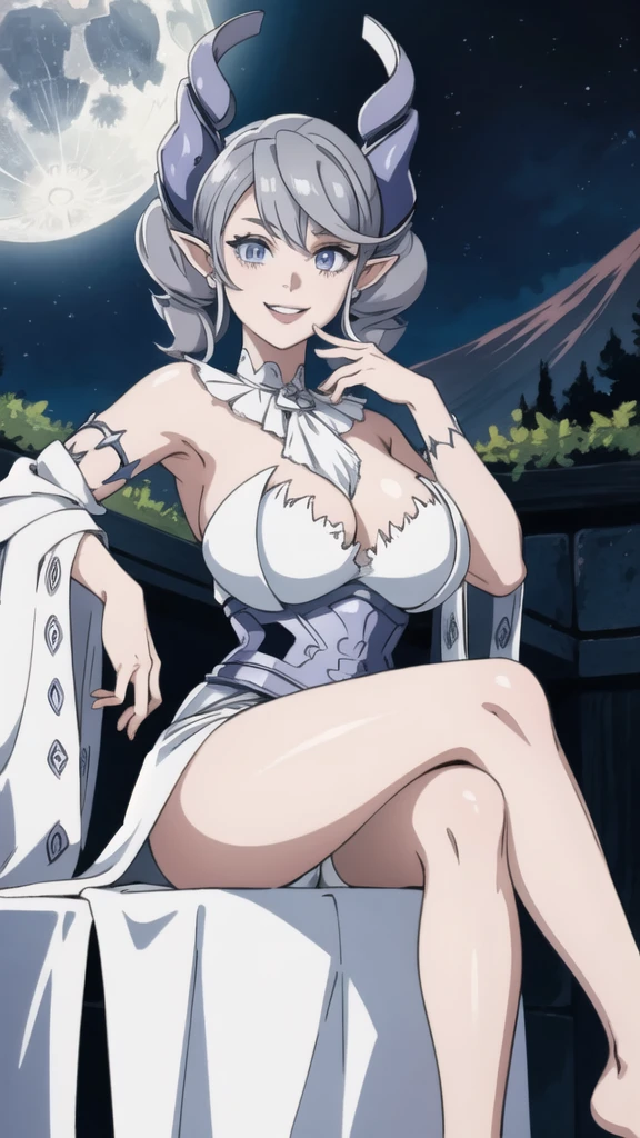 Beautiful arts wallpaper moonlight Outside castle top High level image quality best image quality 8K adult woman volcano mountain more colors whole body view portrait wearing pure white Goddess dress horn ears short hair((shortcut)(gray hair)(perm)(fluffy)) eye color is blue , pure evil face , face detailed , face fixed , smile , labrynth , barefoot , teasing with her breast, , sitting with crossed legs