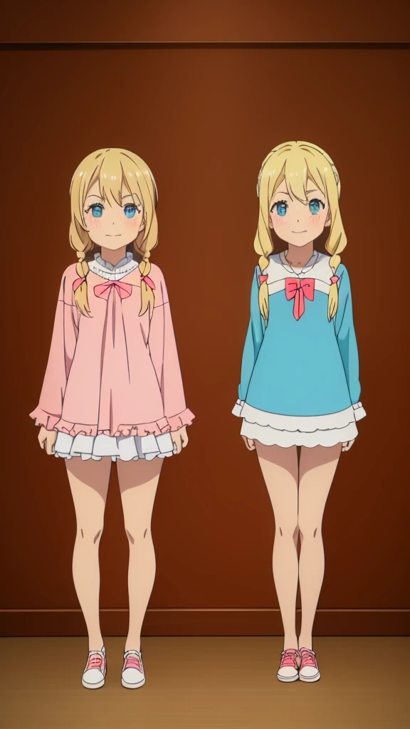 ((masterpiece))((Highest quality))girl、Smirk、blush、Flat Chest、Are thin、Blonde Hair、blush、Are standing、Whole body image、Eye level to the feet、front、No background、真frontのアングル、Blue clothes、Hair is two colors、Twin tails、Red Alice outfit