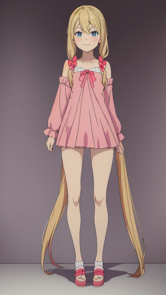 ((masterpiece))((Highest quality))girl、Smirk、blush、Flat Chest、Are thin、Blonde Hair、blush、Are standing、Whole body image、Eye level to the feet、front、No background、真frontのアングル、Blue clothes、Hair is two colors、Twin tails、Red Alice outfit