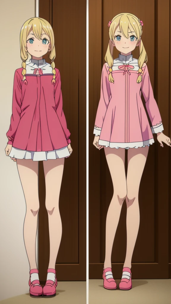 ((masterpiece))((Highest quality))girl、Smirk、blush、Flat Chest、Are thin、Blonde Hair、blush、Are standing、Whole body image、Eye level to the feet、front、No background、真frontのアングル、Blue clothes、Hair is two colors、Twin tails、Red Alice outfit