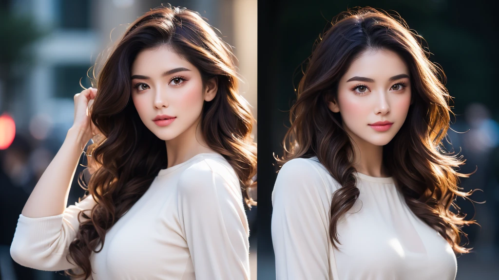 (highest resolution, distinct_image) Best quality, single person, one woman, solo, masterpiece, highly detailed, hyper realistic, uhd:1.3, RAW photo, intricately detailed, (best quality, 4k, 8k, highres,  masterpiece:1.2), ultra detailed, (realistic, photorealistic), (1woman, 22-year-old). , detailed and natural medium breasts, deep neckline, BREAK, ((Fujicolor, daytime soft lighting), fashion supermodel, (long luscious hair),. BREAK, (soft_makeup:1.25). BREAK, ((Detailed decoration:1.3)),. (Fitted clothing:1.3), dynamic pose, night time, perfect lighting, cinematic colour grading, extremely detailed surroundings,  ((head to waist portrait: 1.33))