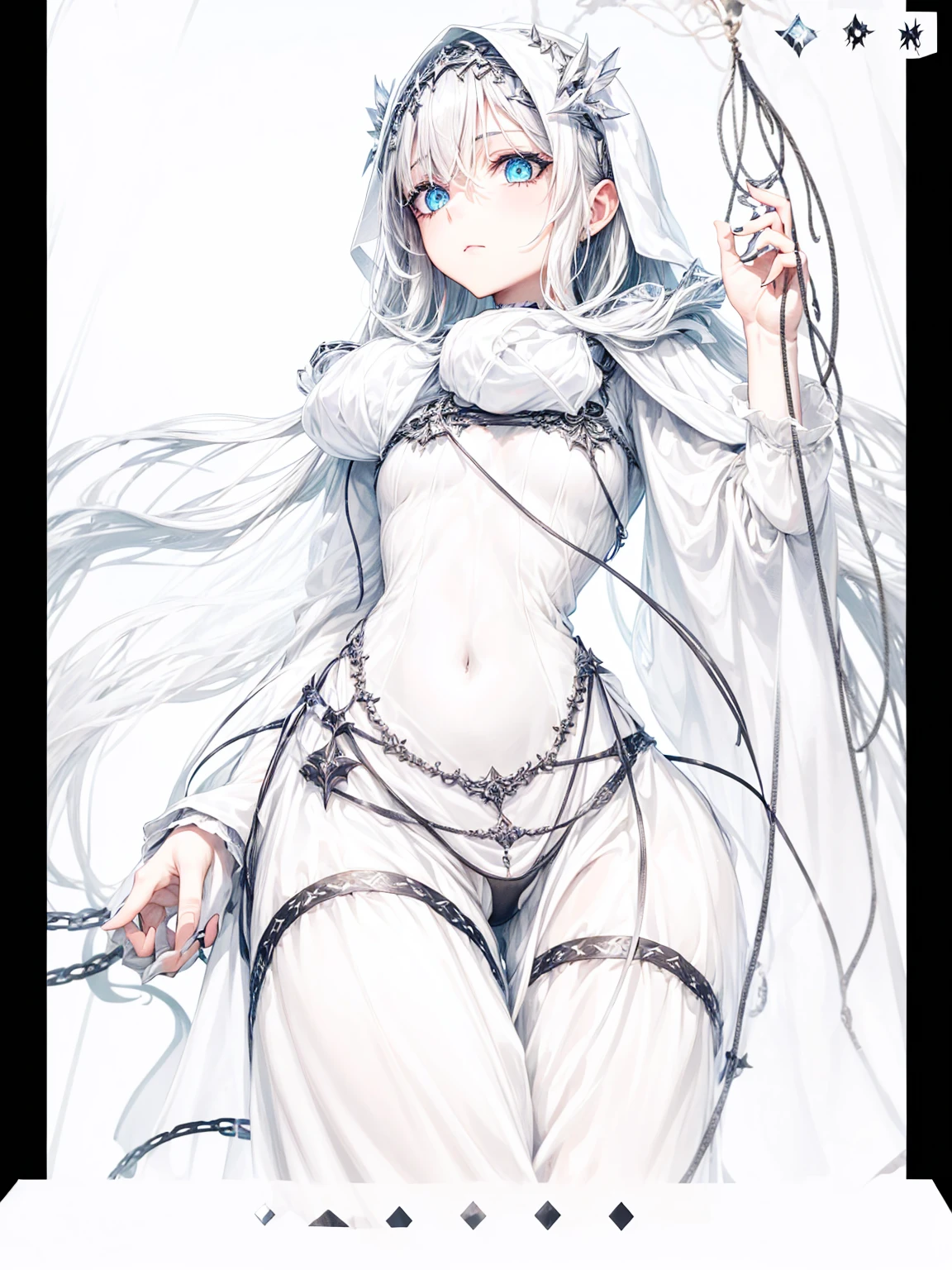 a young dark fantasy church priestess, with long black hair and white streaks, wearing an eyepatch on one eye, and her blueish green eyes, she cares a serious expression on her face and an angel like appearance, she wears elegant yet simple and modest black outfit, with some silver jewelry, she also wears a long see through veil on her head, with a faded sliver star shaped halo at the behind her head, she is holding her hands together symbolizing a prayer gesture.Long Hair, Black Hair, Blue eyes, mysterious, Hood, Halo, Anatomically Correct, Best Quality, Accurate, High Resolution, Looking at viewer, back view
