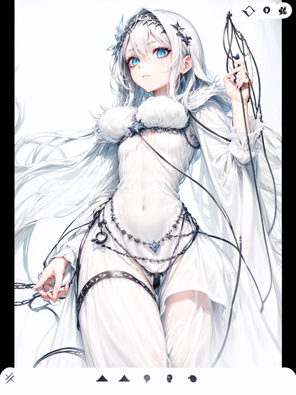 One naked girl、Light blue hair、She has hoop-shaped nipple piercings、Both nipple piercings are in the shape of a ring and are connected together by a chain、Feeling embarrassed、Pussy、The whole body is visible、Hands tied behind back