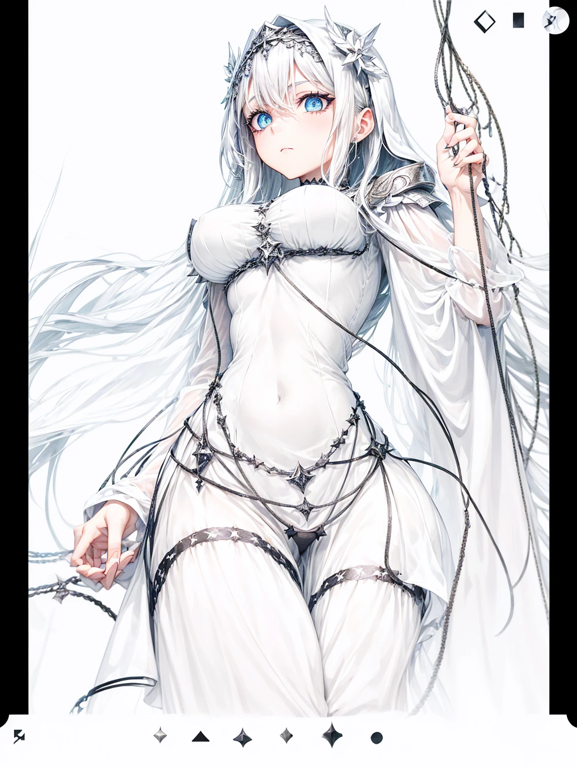 a young dark fantasy church priestess, with long black hair and white streaks, wearing an eyepatch on one eye, and her blueish green eyes, she cares a serious expression on her face and an angel like appearance, she wears elegant yet simple and modest black outfit, with some silver jewelry, she also wears a long see through veil on her head, with a faded sliver star shaped halo at the behind her head, she is holding her hands together symbolizing a prayer gesture.Long Hair, Black Hair, Blue eyes, mysterious, Hood, Halo, Anatomically Correct, Best Quality, Accurate, High Resolution, Looking at viewer, back view