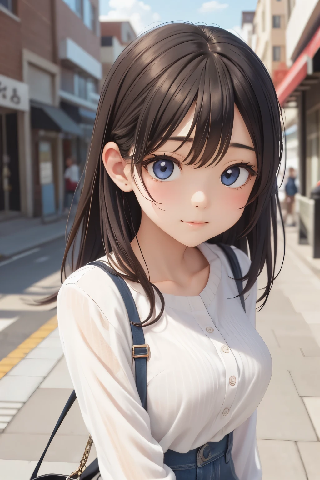 (Highest quality:0.8),, (Highest quality:0.8), Perfect anime illustration, Extreme close up portrait of a beautiful woman walking in the city