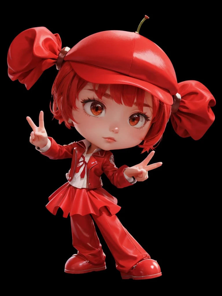 A , with red jacket, with red skirt, with red pants, with tied red hair, with cherry shaped hat on head 