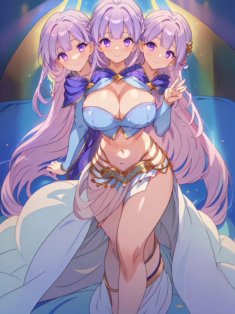 (masterpiece, best quality), best resolution, (3heads:1.5), 1girl, FESophia, light purple hair, flowing hair, smiling, soft smile, open belly, light blue crop top, light blue miniskirt, open breasts, huge tits, sexy pose, beautiful eyes, headband, blue eyes, alluring presence, beautiful eyes, detailed eyes, revealing dancer attire, belly dancer,
