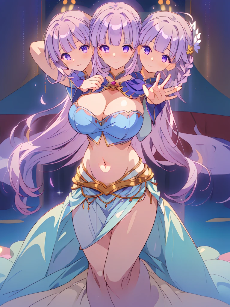 (masterpiece, best quality), best resolution, (3heads:1.5), 1girl, FESophia, light purple hair, flowing hair, smiling, soft smile, open belly, light blue crop top, light blue miniskirt, open breasts, huge tits, sexy pose, beautiful eyes, headband, blue eyes, alluring presence, beautiful eyes, detailed eyes, revealing dancer attire, belly dancer,
