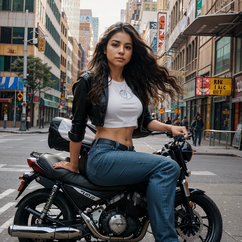 Beautiful mexican woman, riding a big motorcycle, wavy hair loose in the wind, New York city street background.