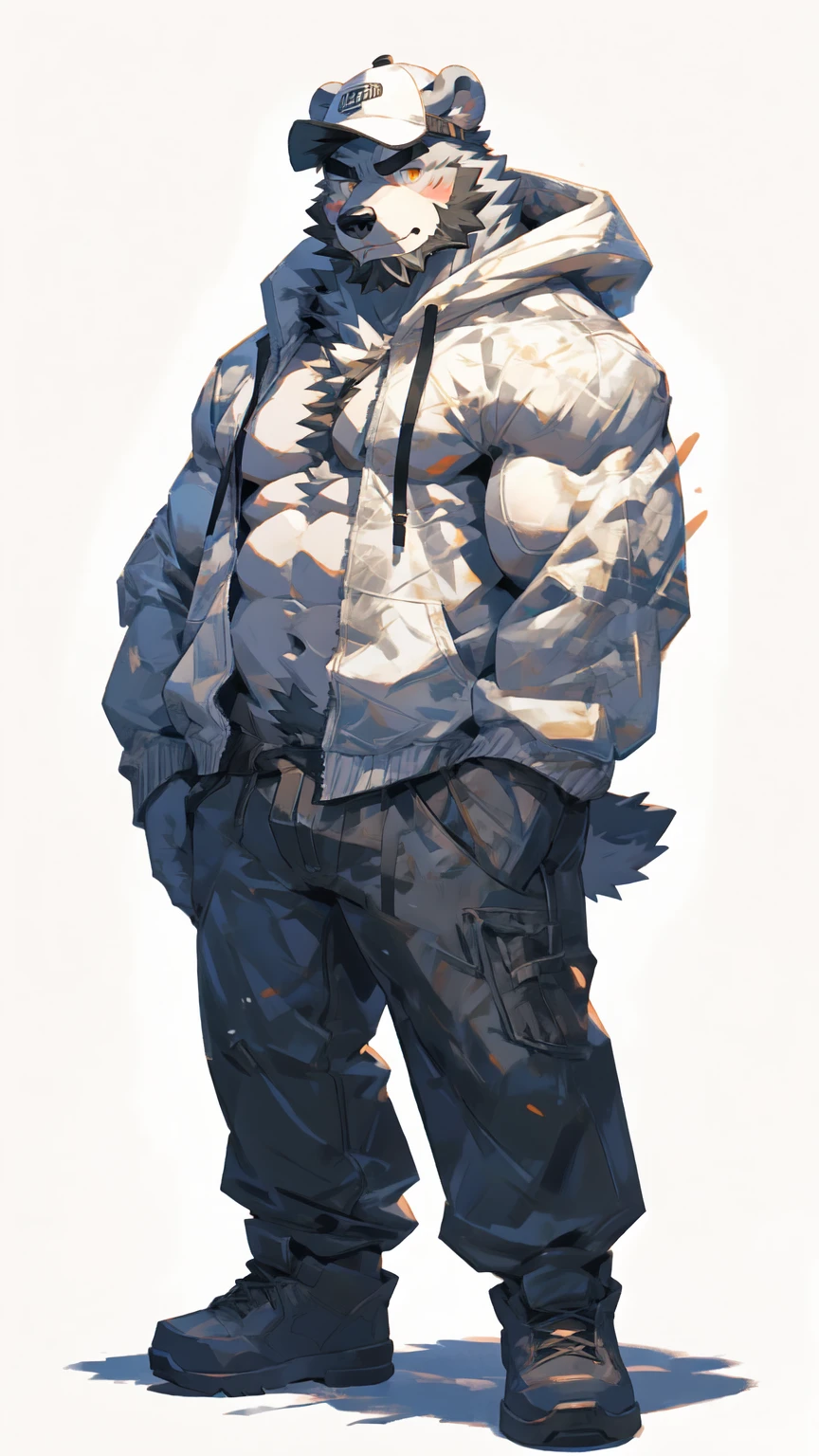 (masterpiece:1.2), best quality,pixiv,official art,perfect anatomy, (Ray tracing, light),solo, (1_male:1.3) , (muscle), (grey fur:1.4), (muscle bear), (beard:1.2), (gleaming golden eyes), bear tail, full body, Thick black eyebrows, baseball cap, (open short hoodie), (naked inside),Ripped short jeans, black short boots, (pure white background: 1.3)
