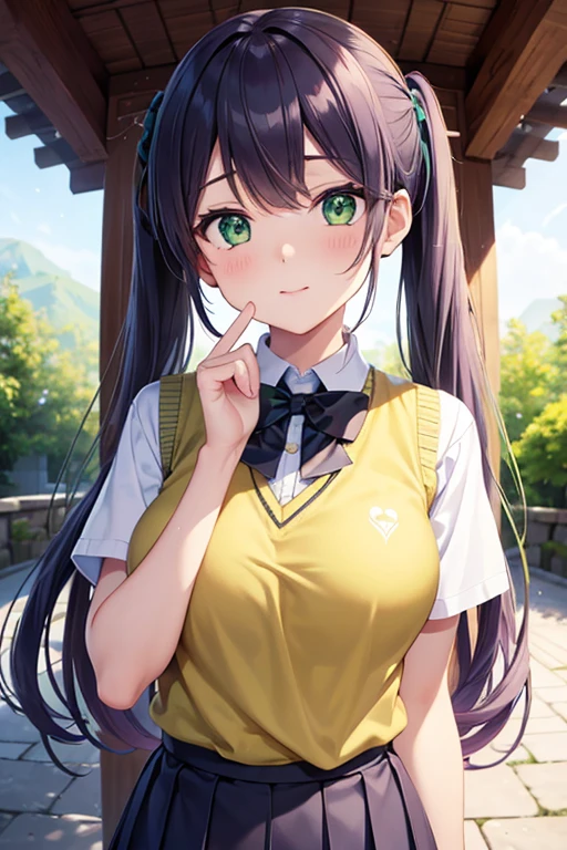 nozomitoujou, nozomi toujou, (green eyes:1.5), purple hair, twintails, low twintails, scrunchie, long hair, (large breast:1.2),
BREAK otonokizaka , pleated skirt, , short sleeves, skirt, summer uniform, sweater vest, yellow sweater vest,
BREAK looking at viewer,
BREAK outdoors, shrine,
BREAK (masterpiece:1.2), best quality, high resolution, unity 8k wallpaper, (illustration:0.8), (beautiful detailed eyes:1.6), extremely detailed face, perfect lighting, extremely detailed CG, (perfect hands, perfect anatomy),