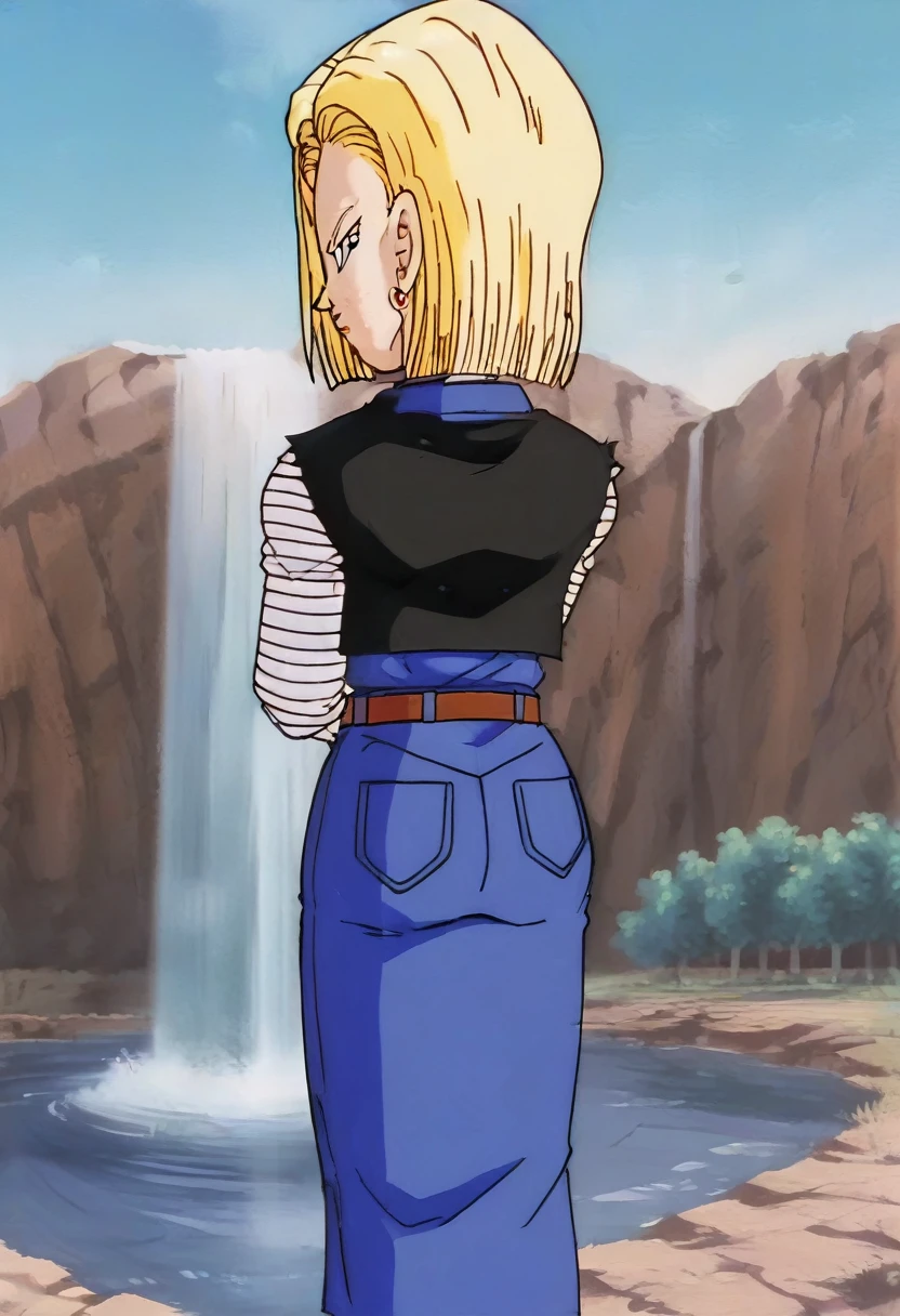 fountain_cheered up, score_9, score_8_above, score_7_above, cheered up screencap,
detailed face, Android 18, buu saga, , 1 girl, Alone, looking at the viewer, short hair, Blue eyes, by rubio, clavicle, black shirt, denim jacket, aboveper body, looking back, from behind, vest, Serious, retro artStyle, 1990s \(Style\), Striped sleeves, Classic look, mountain, logo printing,