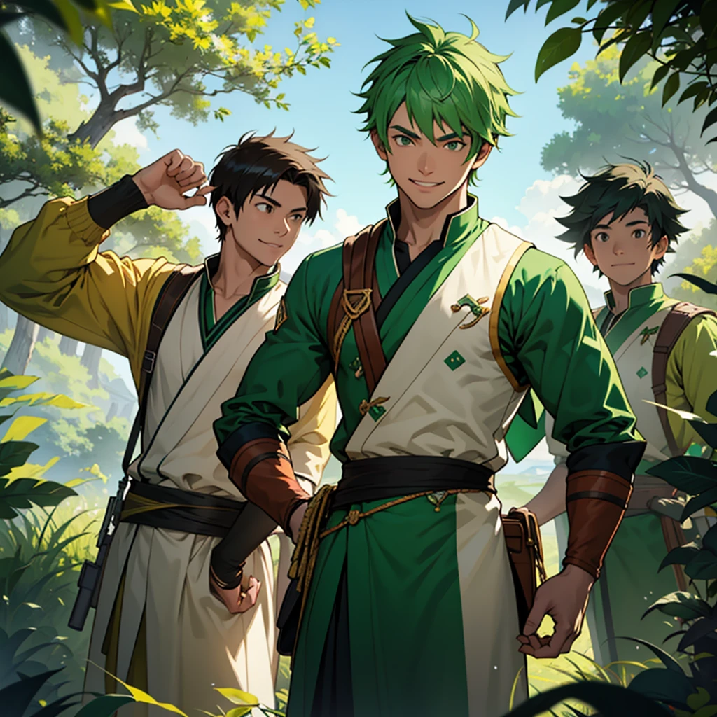 Generate an image of a young protagonist male character dressed in green attire, exuding confidence with a warm smile, surrounded by admiring companions in a natural or adventurous setting.