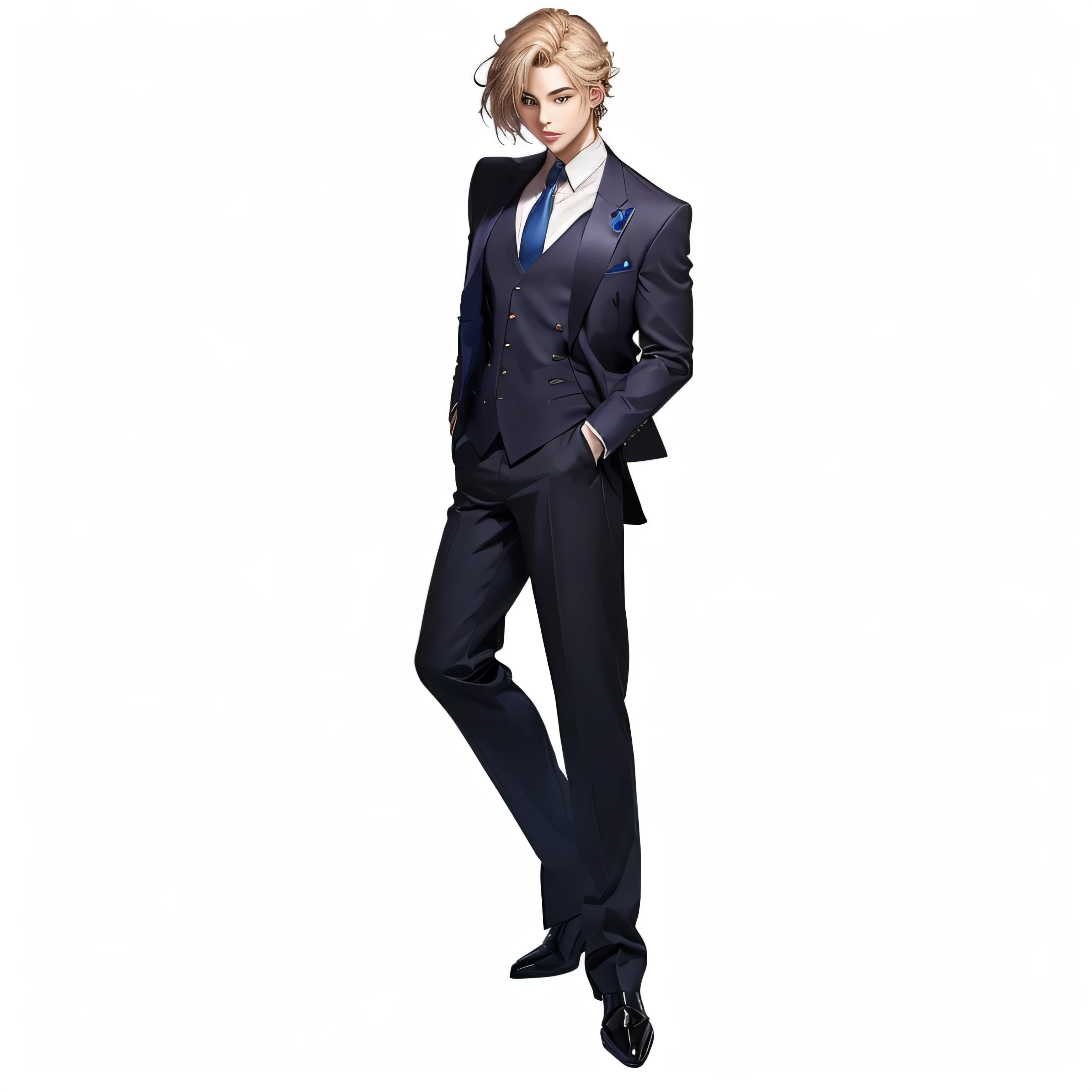 anime character in a suit and tie standing with his hands in his pockets, handsome anime pose, tall anime guy with blue eyes, official character art, single character full body, anime handsome man, full body single character, male anime character, doing an elegant pose over you, male character, ( ( character concept art ) ), delicate androgynous prince,,Rich in details,Masterpiece,Clean shaping,Anime style