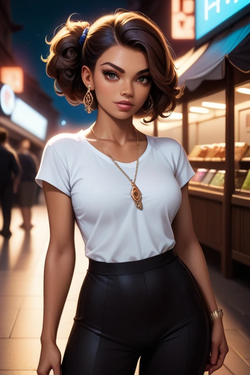 Tall hispanic woman with expressive hazel eyes and long wavy dark brown hair; warm olive skin;  hourglass build; ("heart-shaped-face" with full lips); ample bosom; wearing casual clothes; best quality; trending on artstation; dark room with complex volumetric lighting; strong shadows; artistic lighting; dynamic; energetic vibe; realistic skin; specular highlights; micro-textures; highly detailed hair; shopping in a neon-lit street market at night
